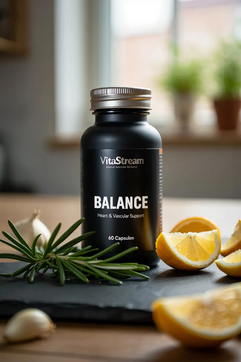 VitaStream Balance supplement bottle with natural ingredients for heart and vascular support